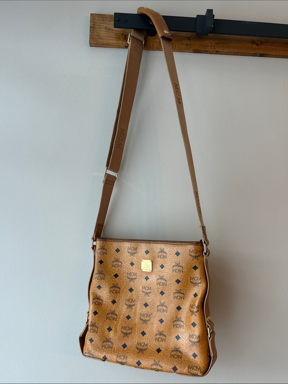 MCM Cognac Logo Visetos Crossbody Bag with Adjustable Strap